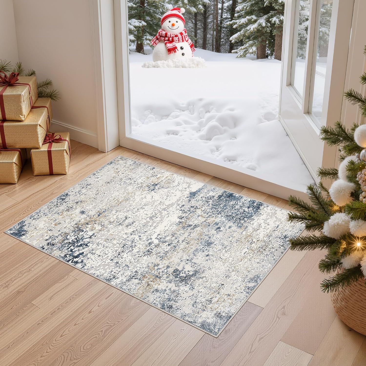 Washable Abstract Beige/Blue Small Rug
