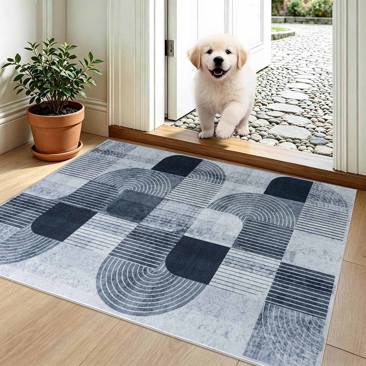 Washable modern geometric entryway rug
