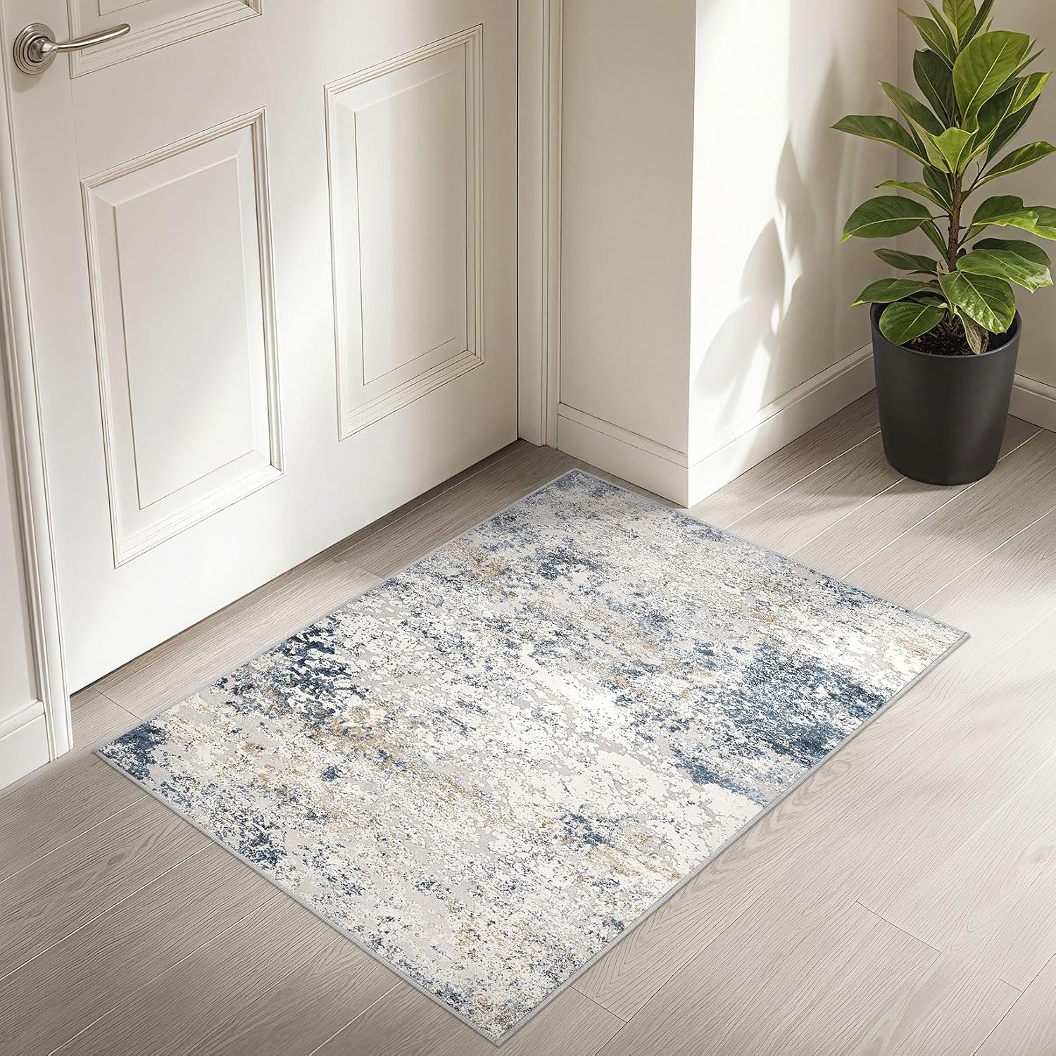 Washable Abstract Beige/Blue Small Rug - Image 2
